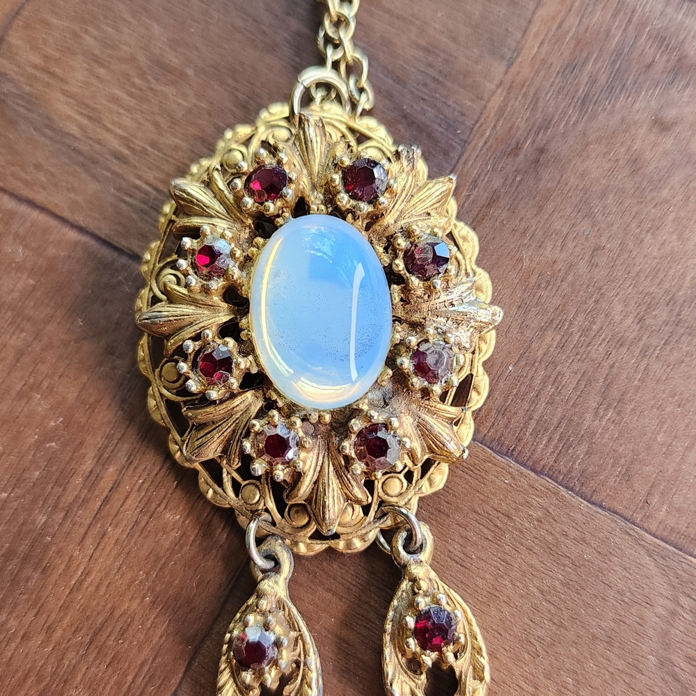 Vintage Germany Filligree Red And Opal Filigree Pendant necklace Edwardian